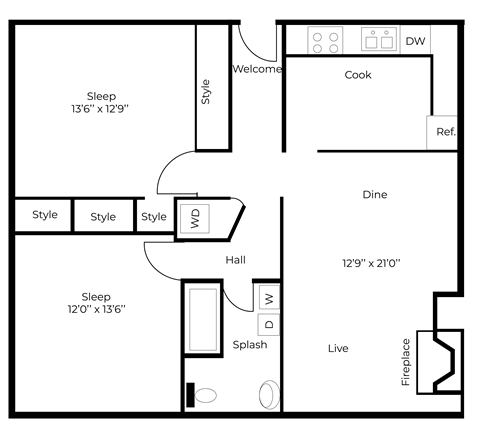 Floor plan for 2 beds, 2 baths, 1072 sqft